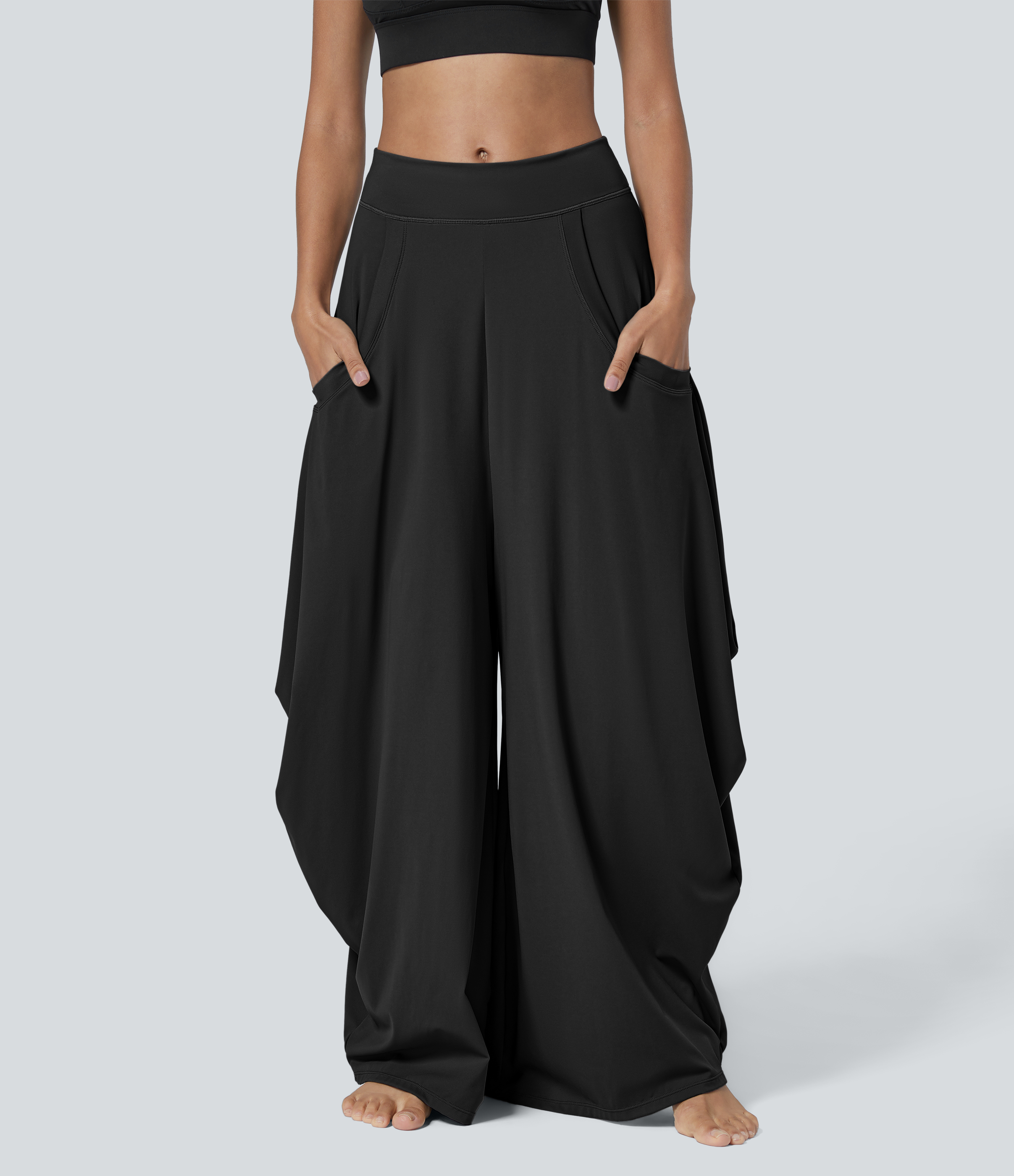 XS(Petite) Black Mid Rise Pockets Draped Wide Leg Baggy Casual Pants