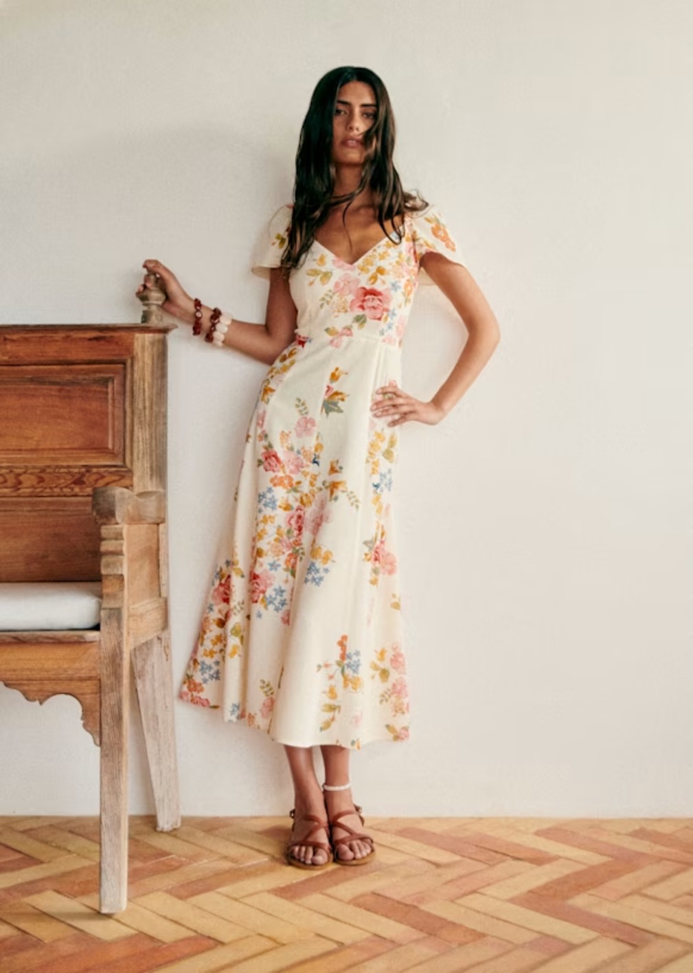 casual midi floral dresses for women PRETTYGARDEN Women's Summer Floral Midi Dress Cap Sleeve V Neck Ruffle