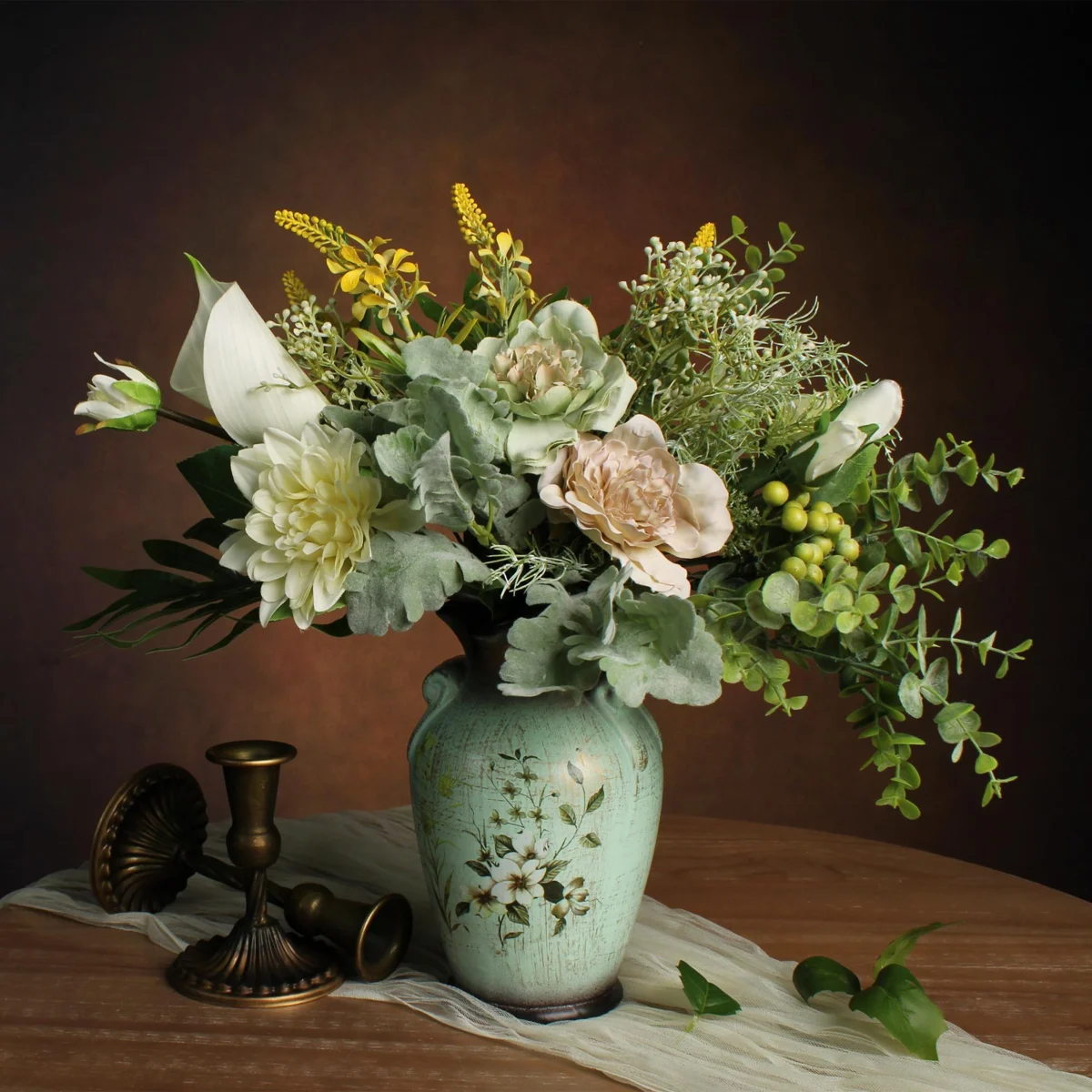 Faux Flowers in Ceramic Vase Arrangement