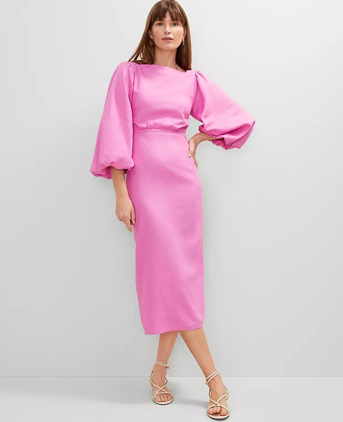 knee length dresses for ladies Linen-Blend Puff Sleeve Midi Dress — GAP (International) main image 0