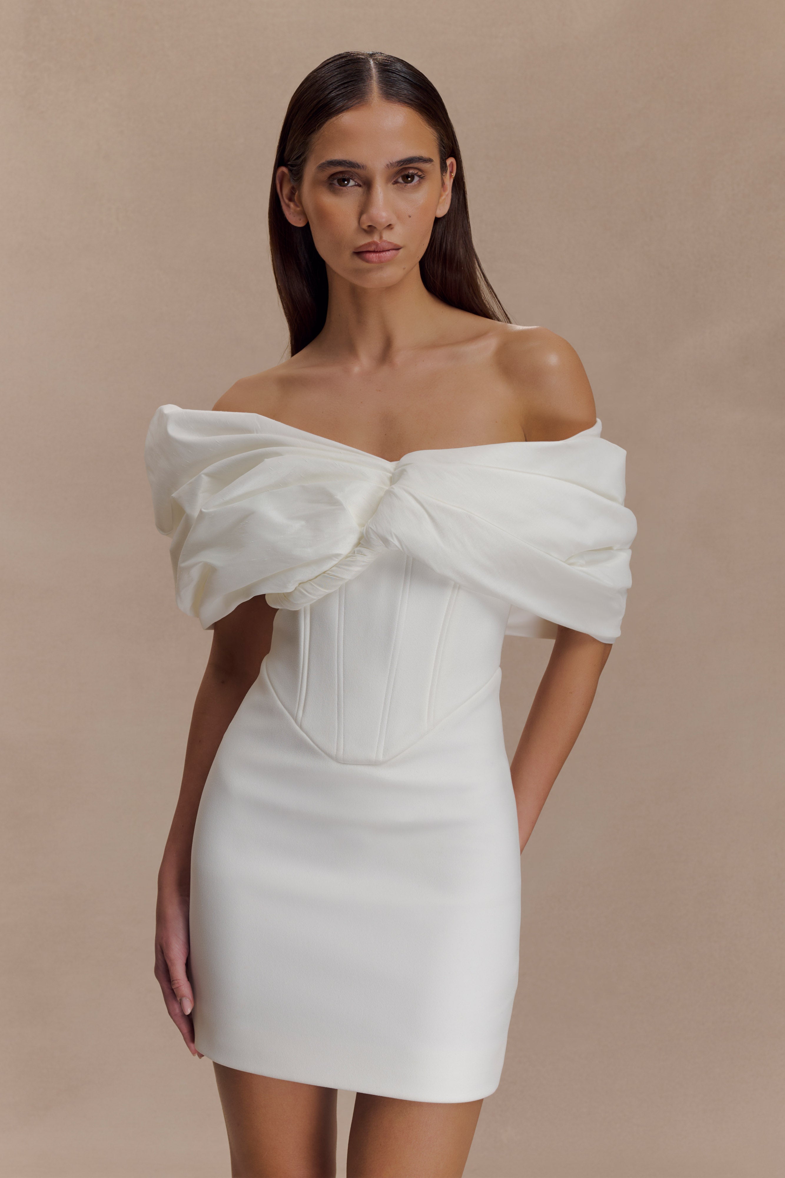 Dress The Population | Vickie Off The Shoulder Corset Crepe Midi Dress