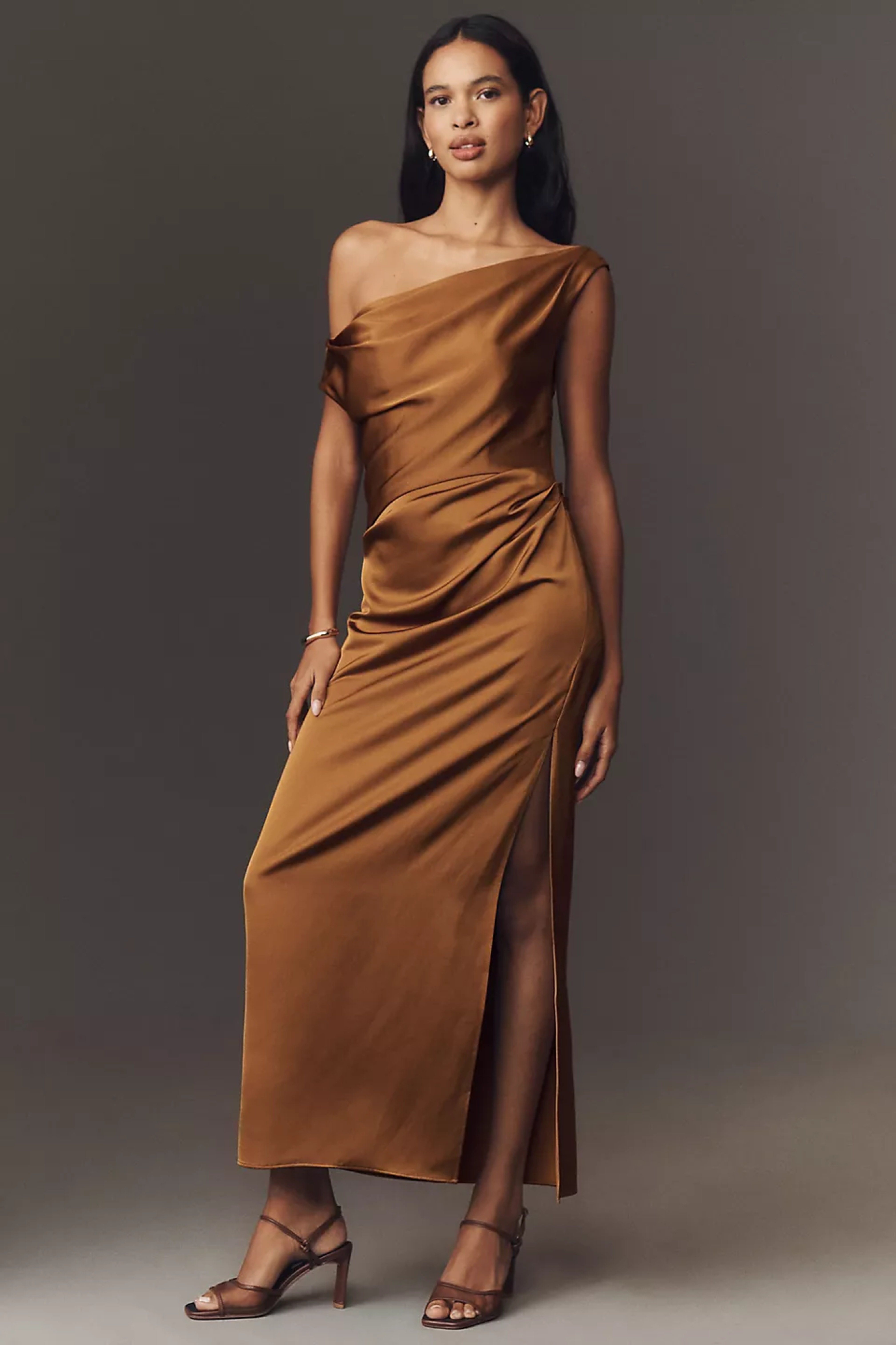 bhldn scottie one shoulder side slit stretch satin maxi dress BHLDN Scottie One-Shoulder Side-Slit Stretch Satin Maxi Dress