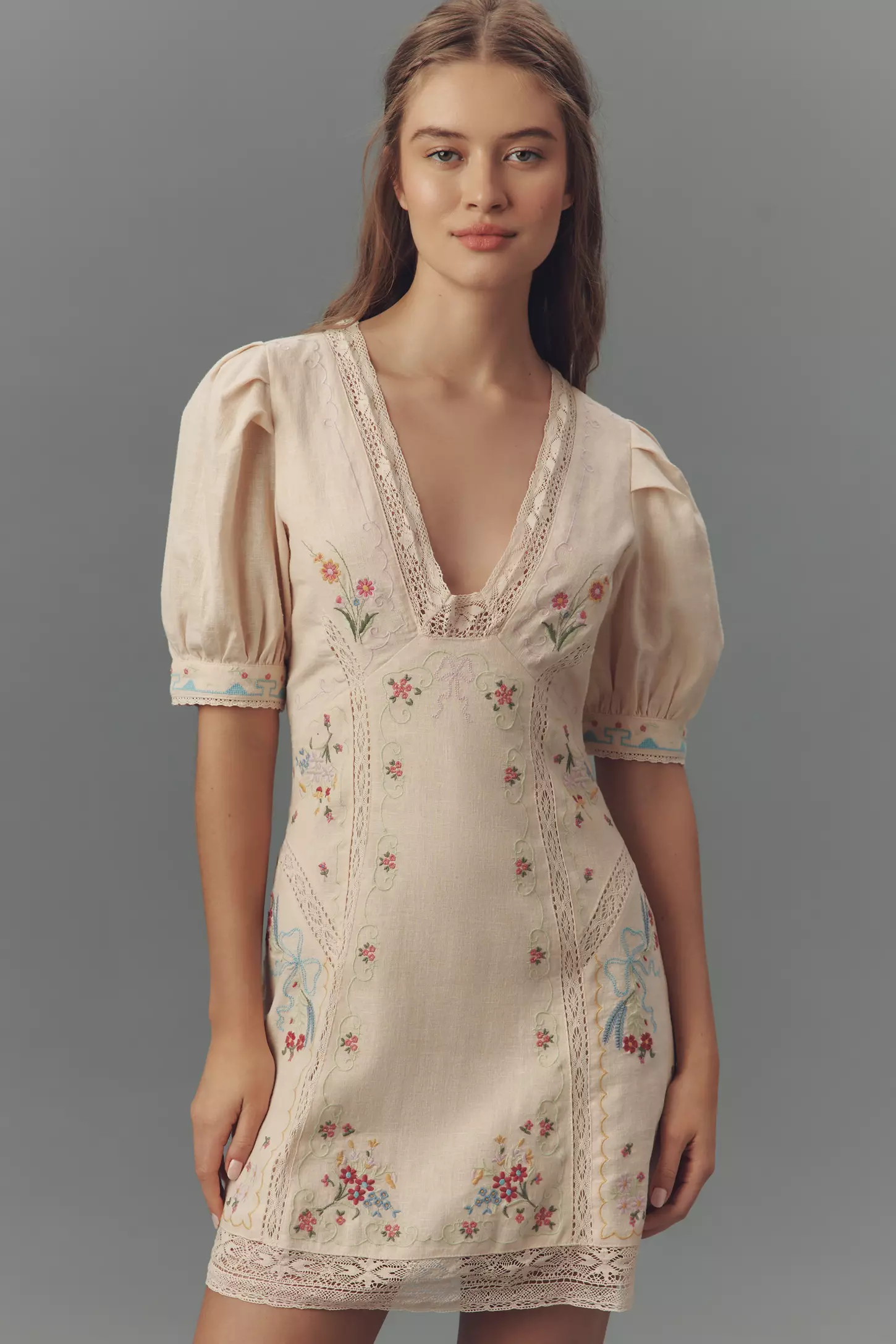 Lovaan | Boehm Linen-Silk Puff-Sleeve V-Neck Midi Dress