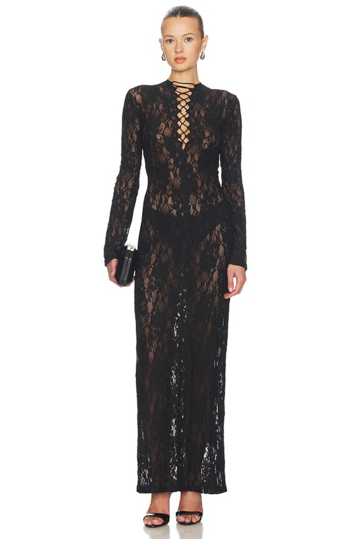 lace maxi dress good american Good American Satin Cowl-Neck Lace-Up Maxi Dress