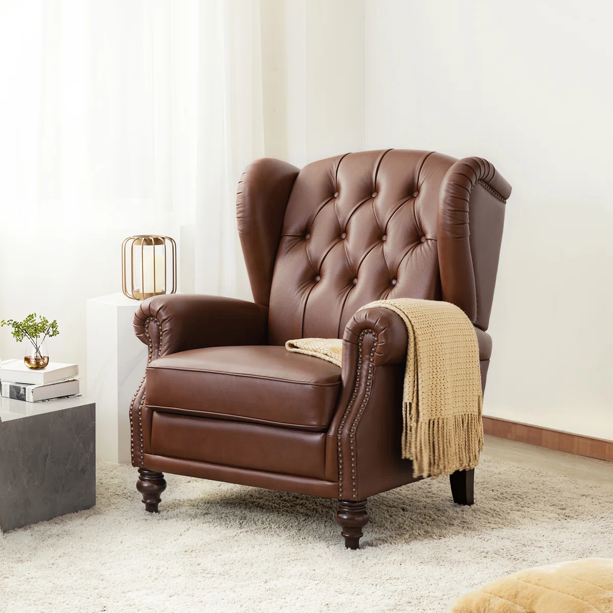 Lark Manor Amyri Genuine Leather Button-Tufted Wingback Armchair