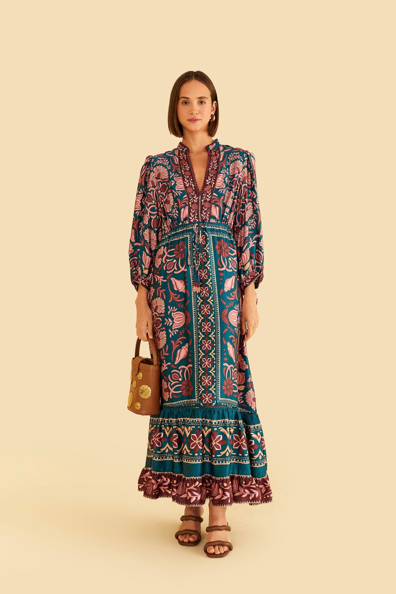 FARM Rio | Teal Seashell Tapestry Lenzing Ecovero Viscose Maxi Dress
