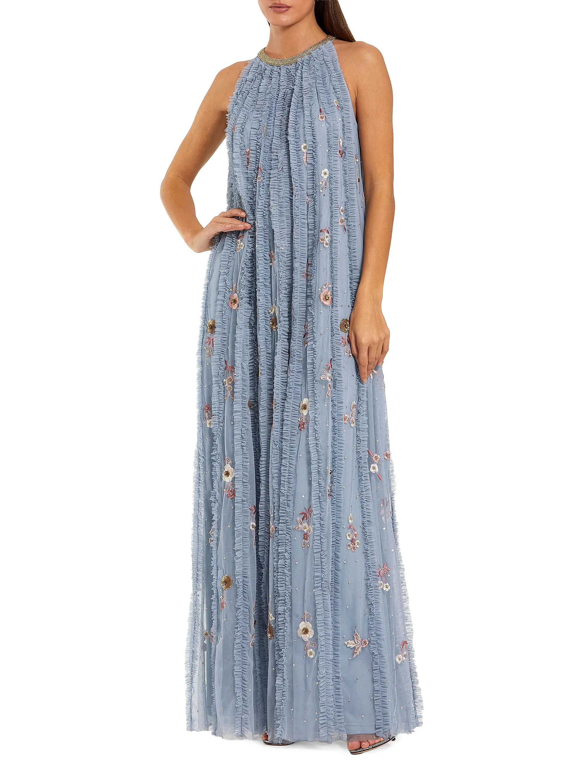 Ruffled Floral Mesh Maxi Dress