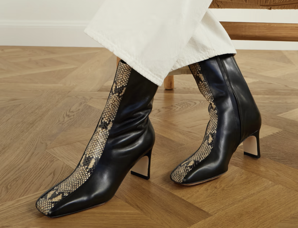 AEYDE
Billie Stripe 55 snake-effect trimmed leather ankle boots