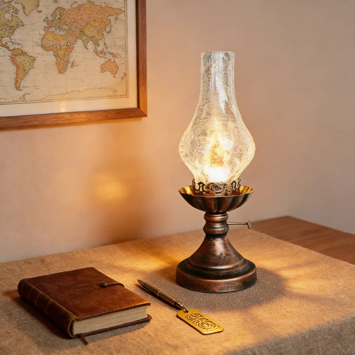 Vintage Table Lamp with Crackle Glass Flame Effect Shade