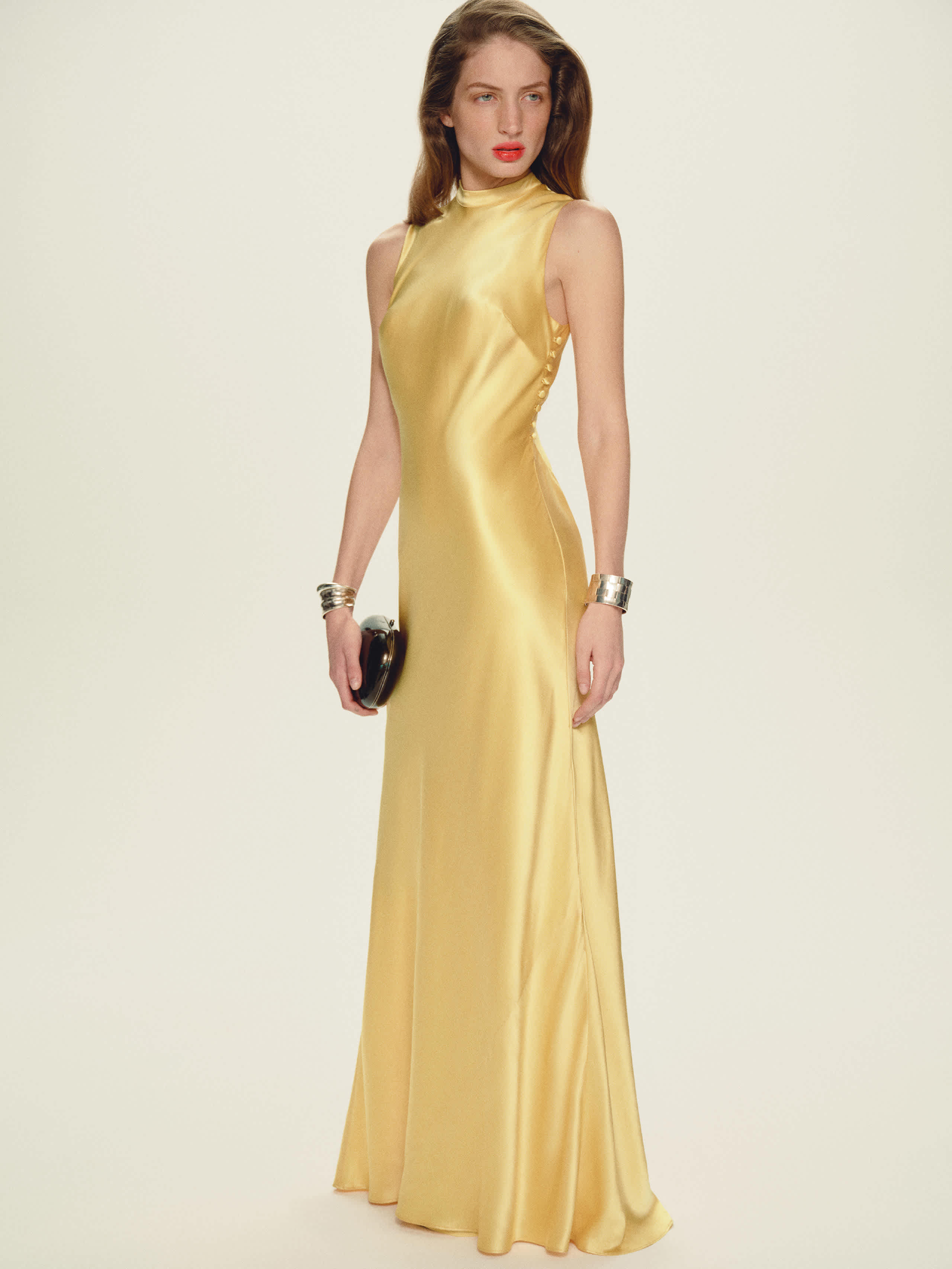 slim fit dress slacks Reformation Sofia Gold Silk Sleeveless Slip Midi Dress – The Closet New York