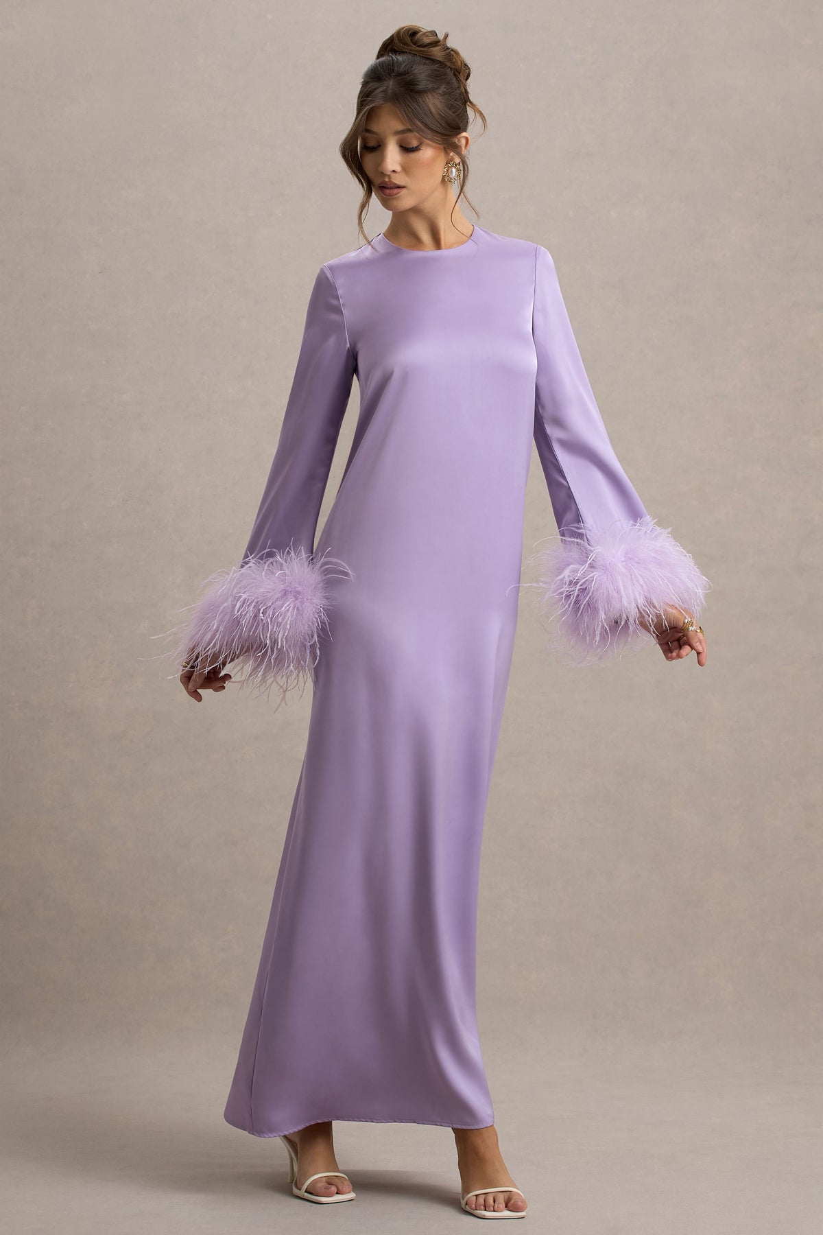Club L London | Adella Satin Feather-Trim Maxi Dress Club L London | Adella Satin Feather-Trim Maxi Dress