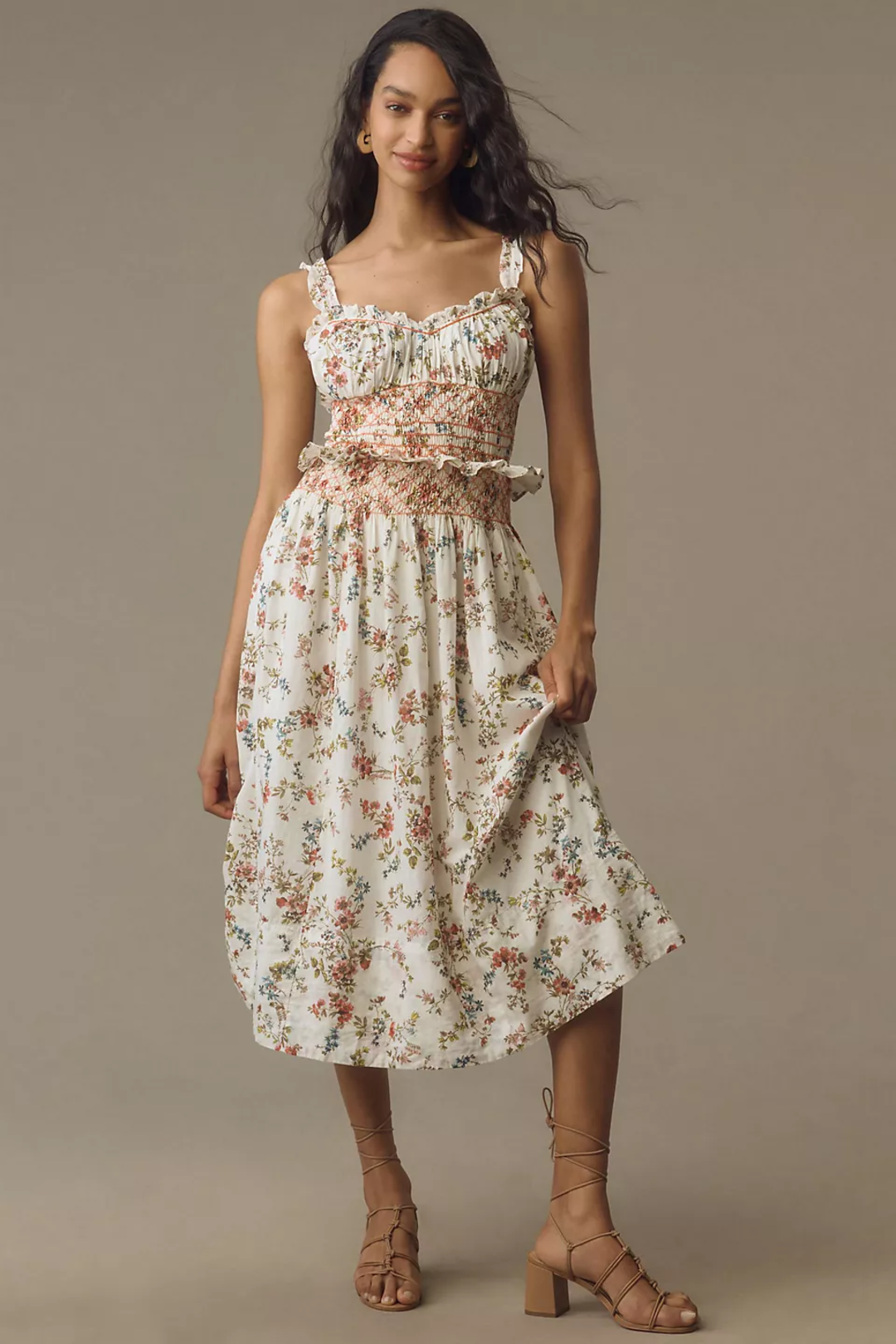 Pilcro | Ruffled Smocked-Waist Button-Front Midi Dress