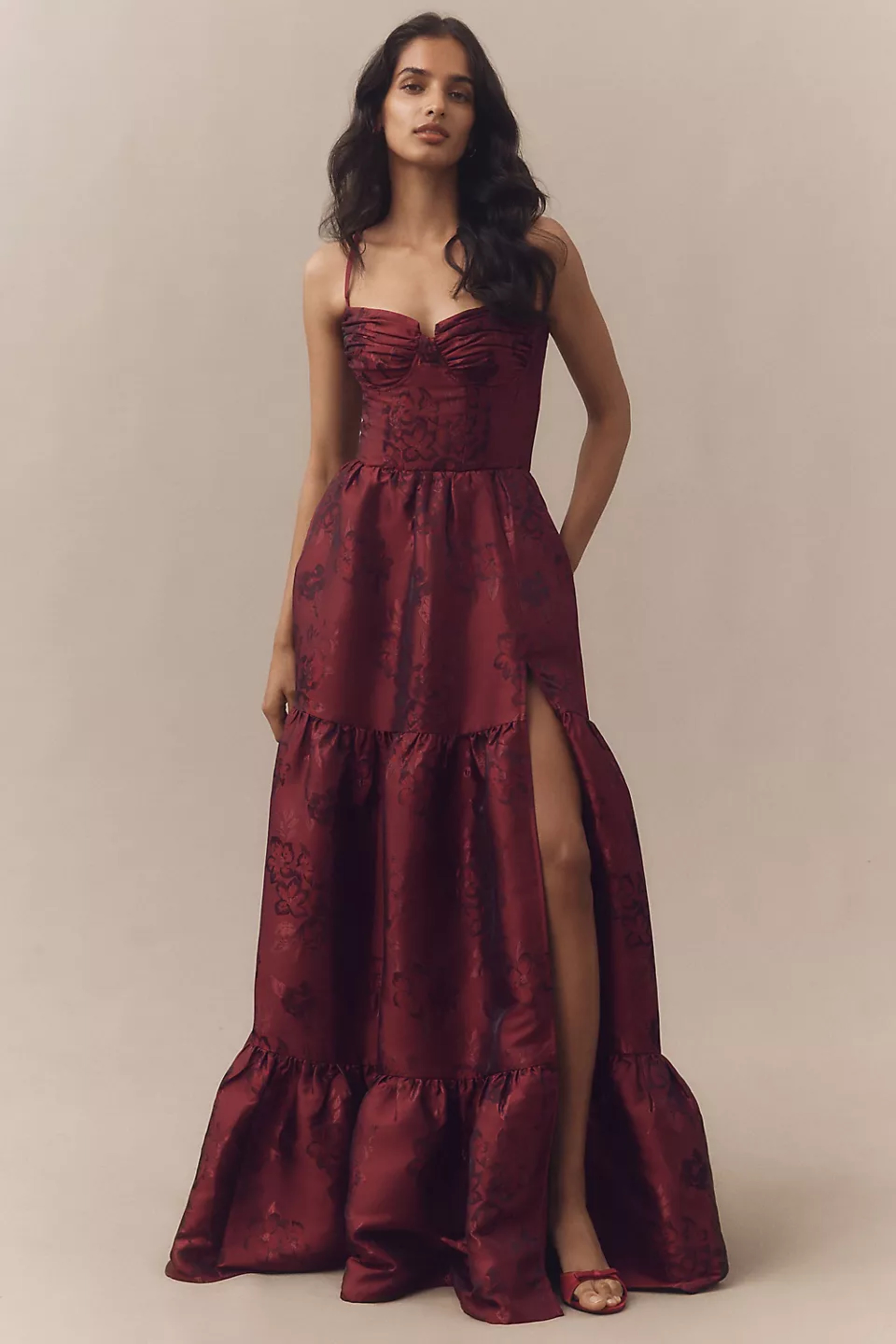 knee length dresses for ladies The Lucetta Dress in Garnet Baroque Floral – V. Chapman main image 1