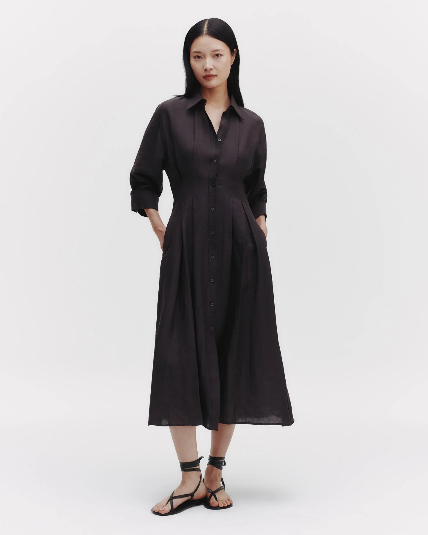 knee length dresses for ladies Beth Linen Dress with Long Sleeves