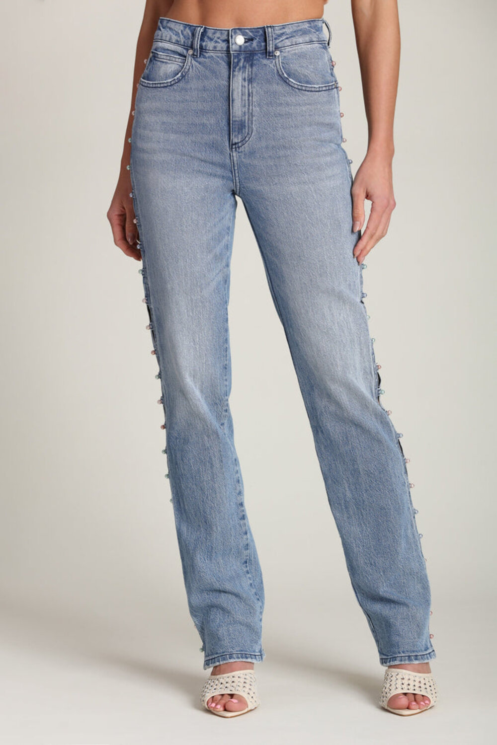 Pearl Embellished Cut-Out Jeans