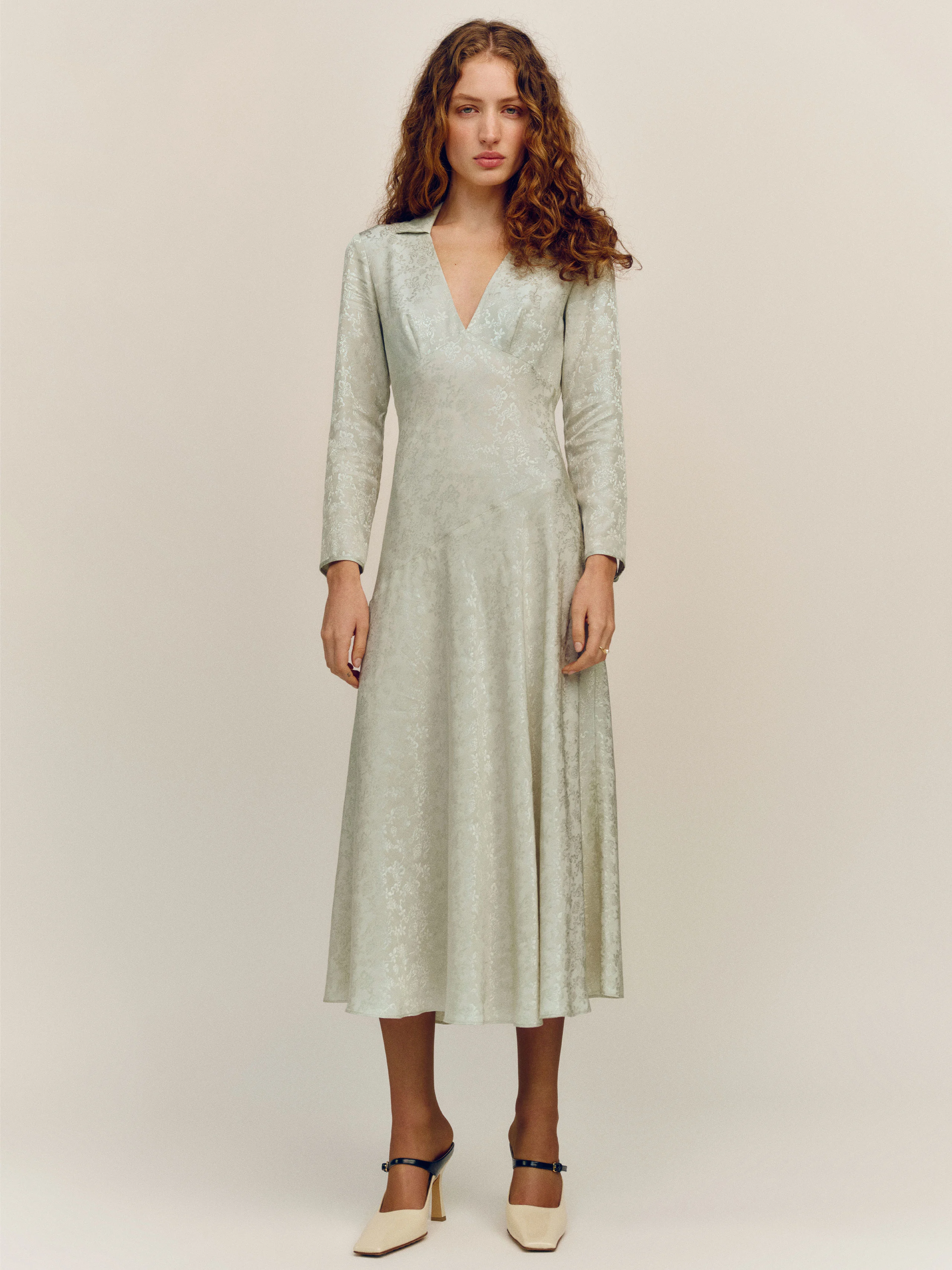 reformation halia long sleeve button front midi dress REFORMATION - Halia puffed-sleeve stretch organic-cotton midi dress