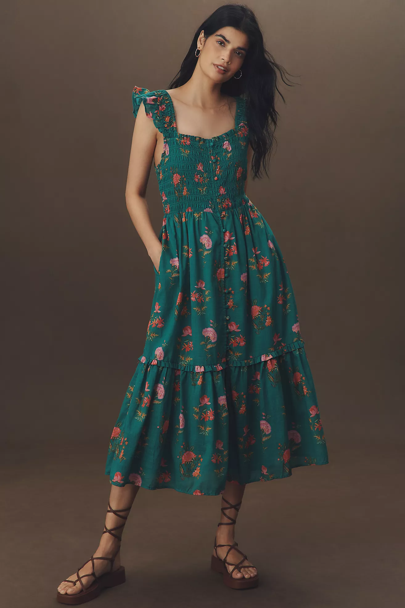 Pilcro | Ruffled Smocked-Waist Button-Front Midi Dress