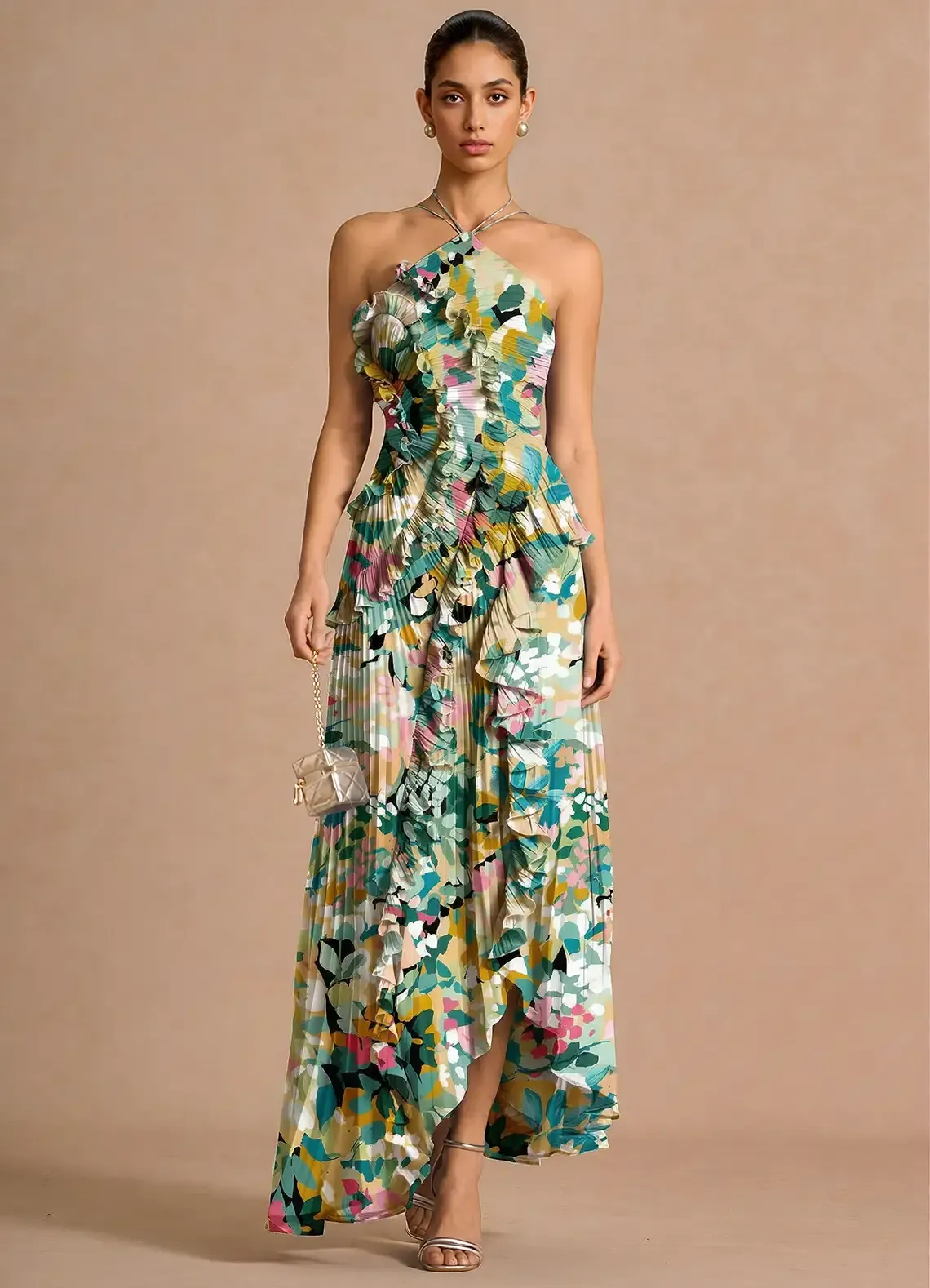 gold metallic halter dress Mac Duggal Women's High Neck Crystal Detail Metallic Slit Gown