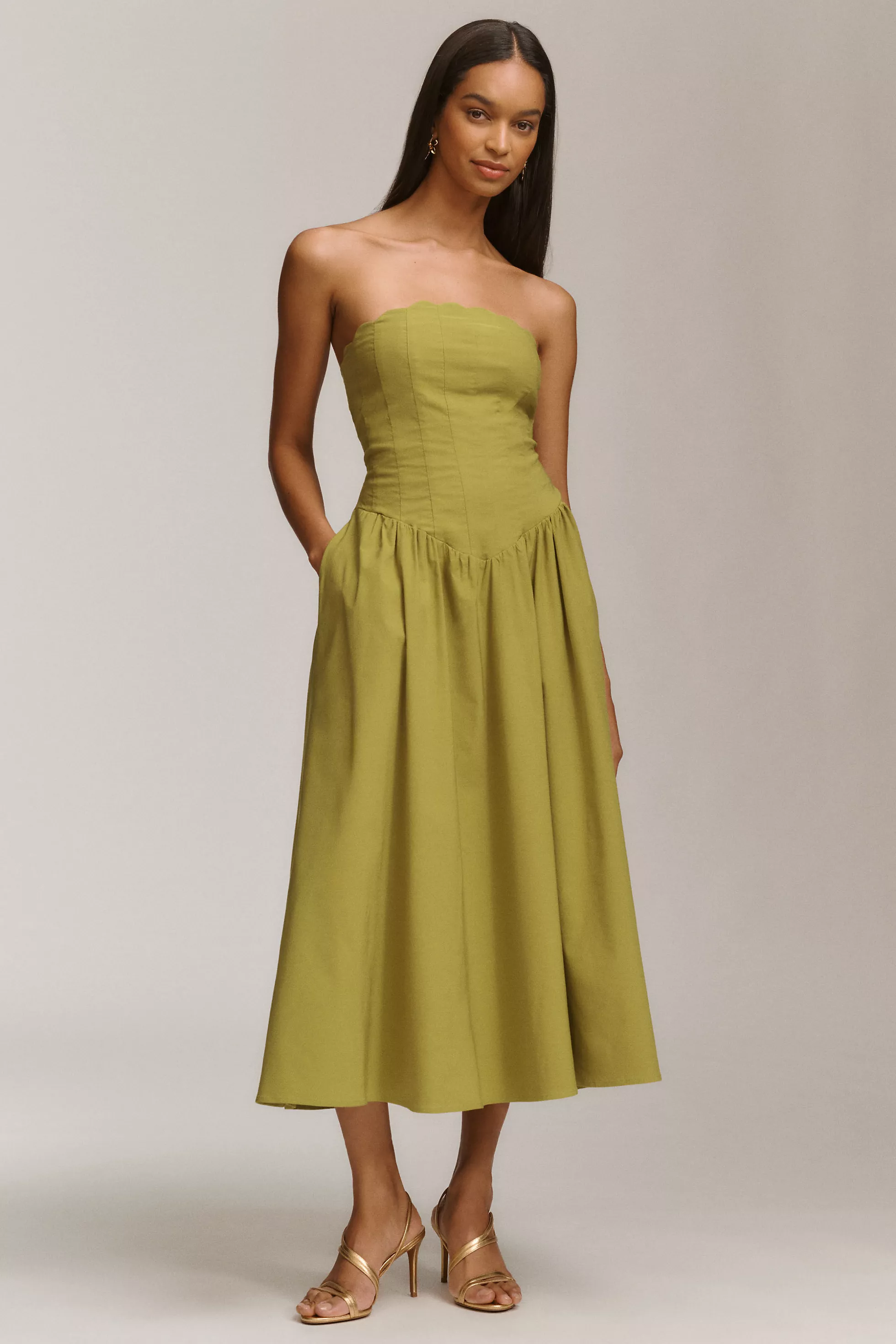 mare mare briana strapless drop-waist bubble-hem midi dress Mare mare Briana strapless drop-waist bubble hem midi dress