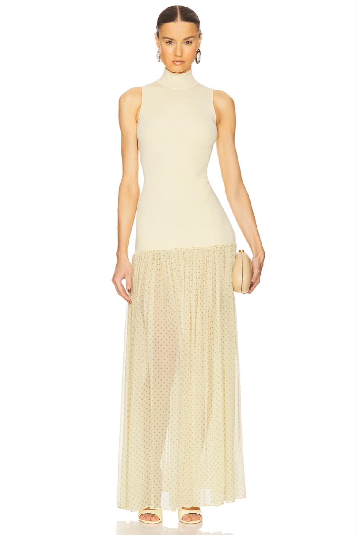 helsa the scarf dress in printed silk chiffon The Scarf Dress in polka dot silk chiffon weightless on the body, anchored by a halter scarf that moves with air
