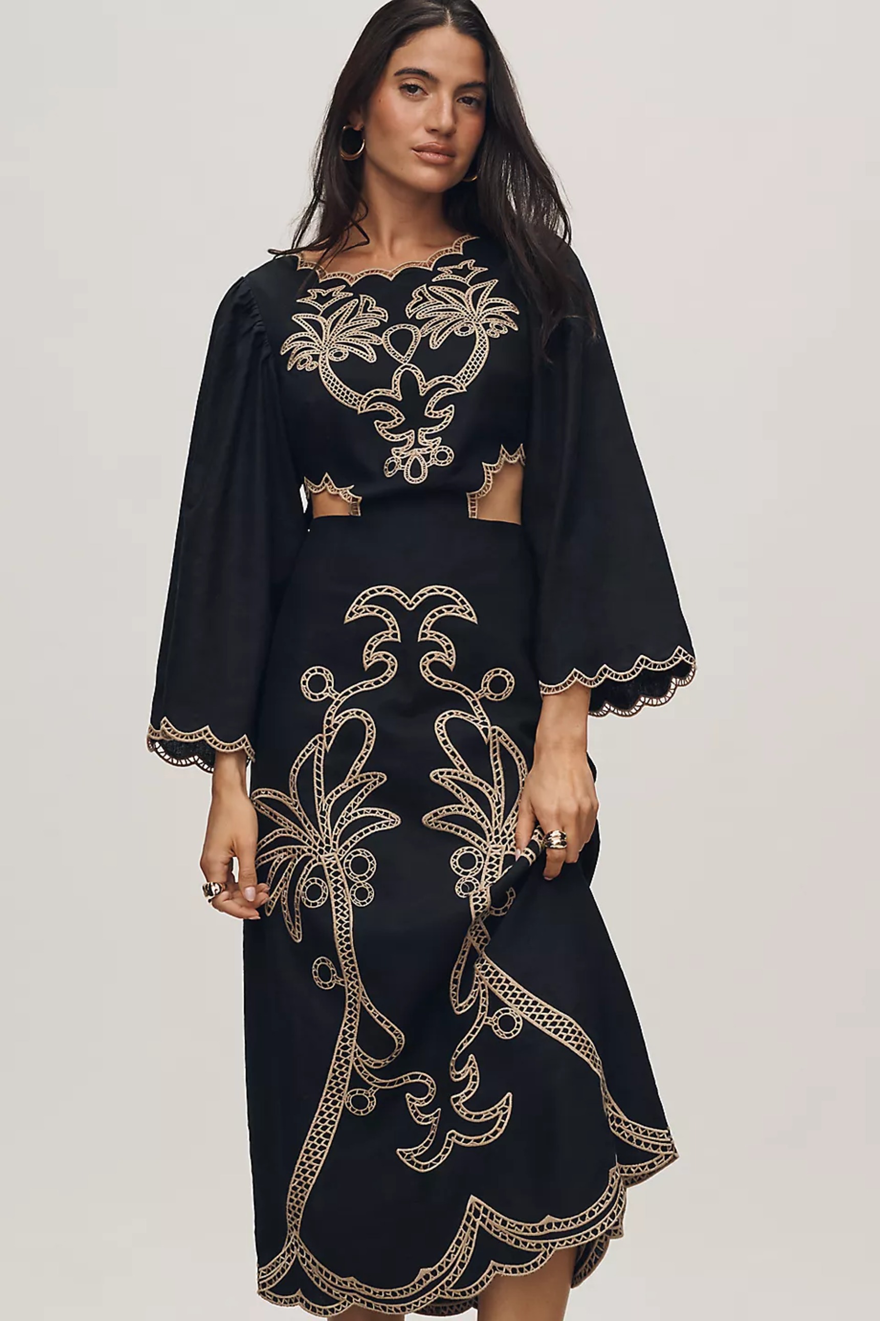 knee length dresses for ladies Black Bold Flowers Long Sleeve Midi Dress main image 1