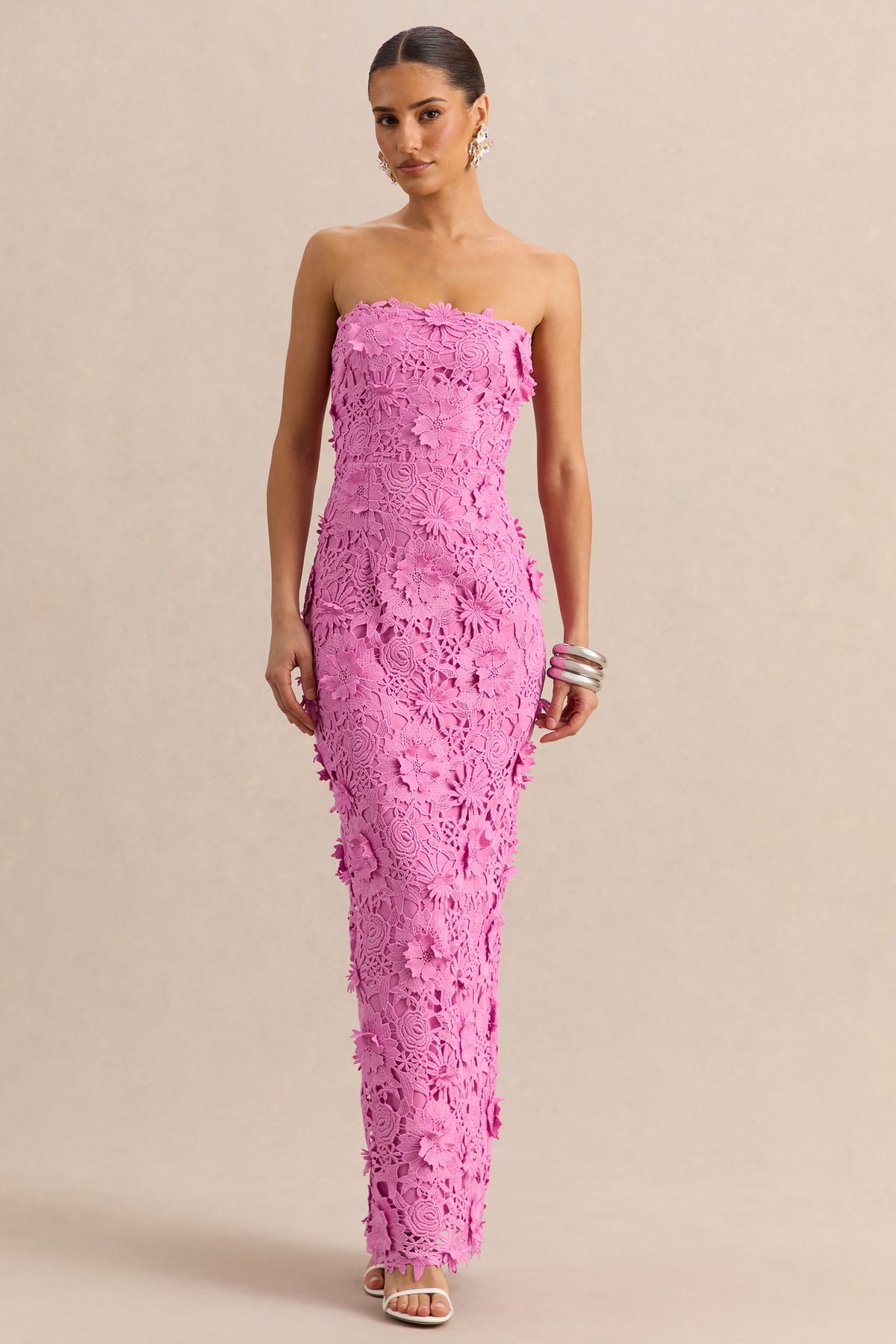 pink bandeau embroidered lace bodycon dress Samara | Purple Maxi With Cut-Out Crochet Hem Do Not Iron SEQUINS , A close-up