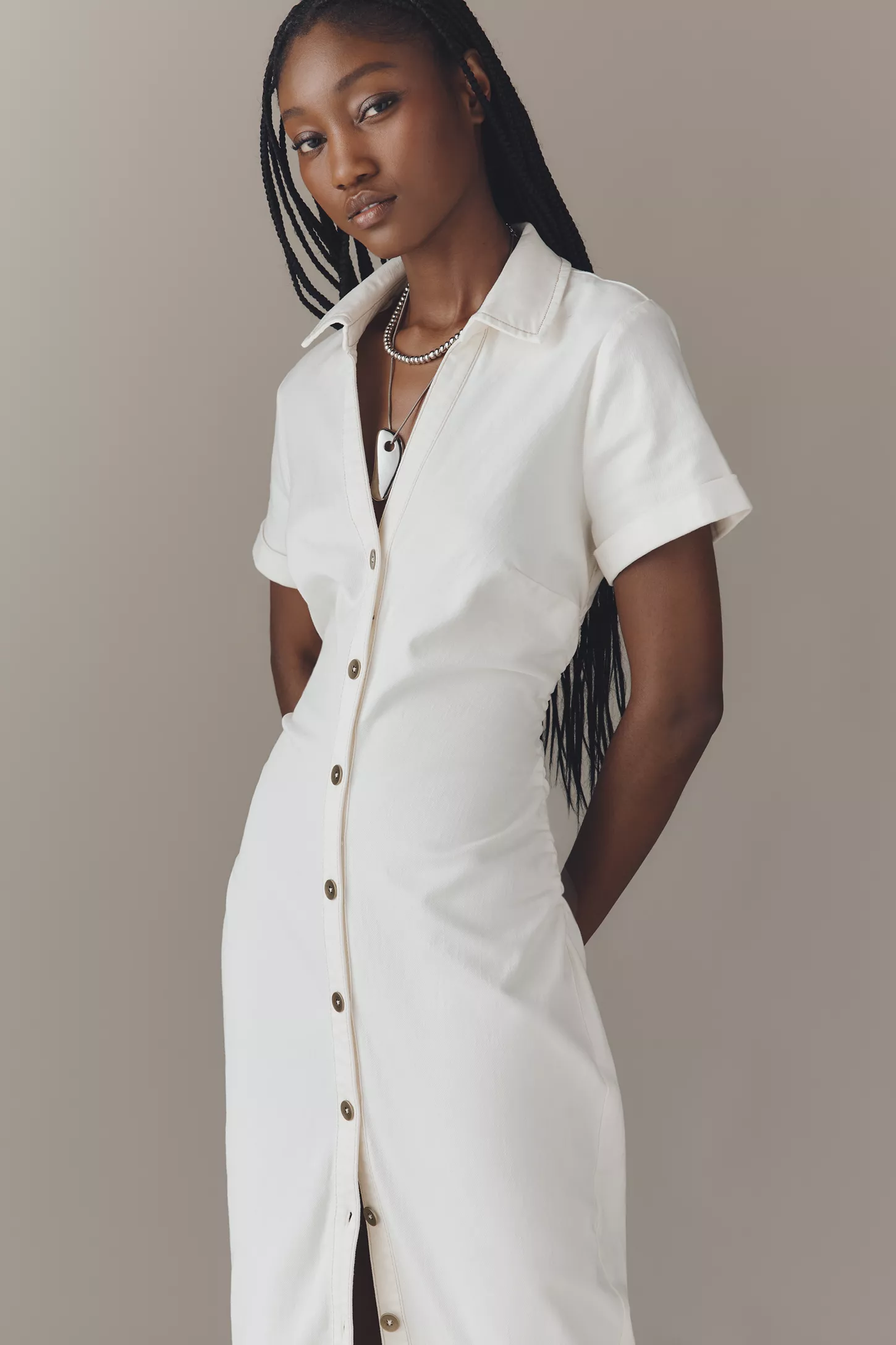 knee length dresses for ladies White 100% Cotton Button-Down Midi Shirt Dress 42