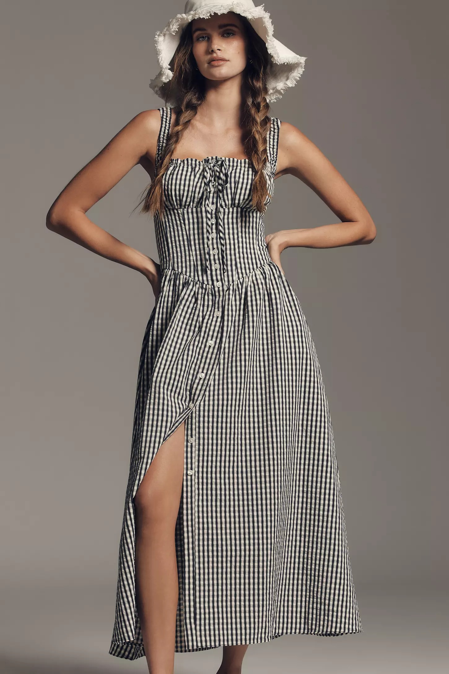 open lace back dress Cartmel Check Maxi Dress Navy main image 0