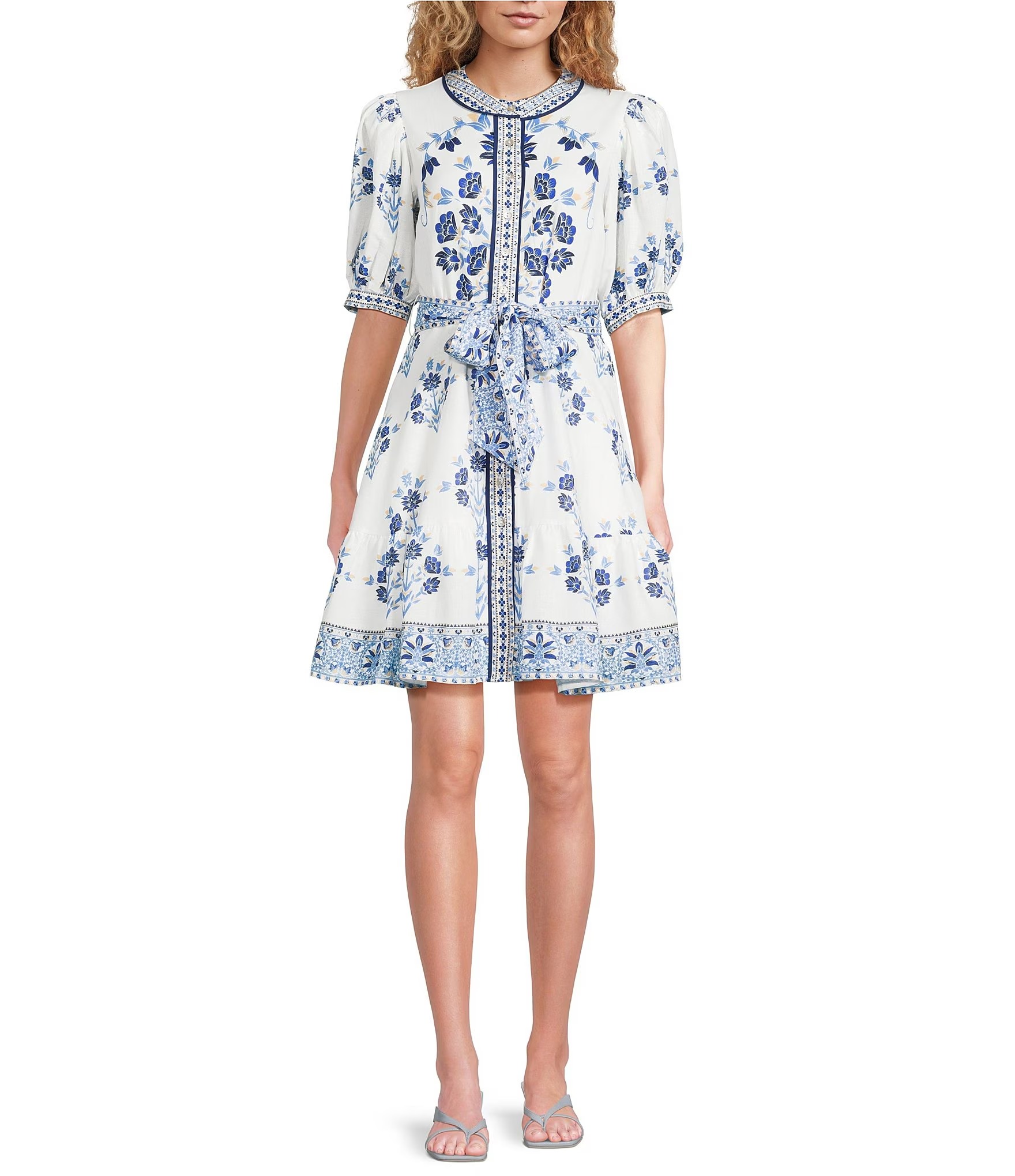 Antonio Melani | Iris Linen Floral Mockneck Short Sleeve Dress