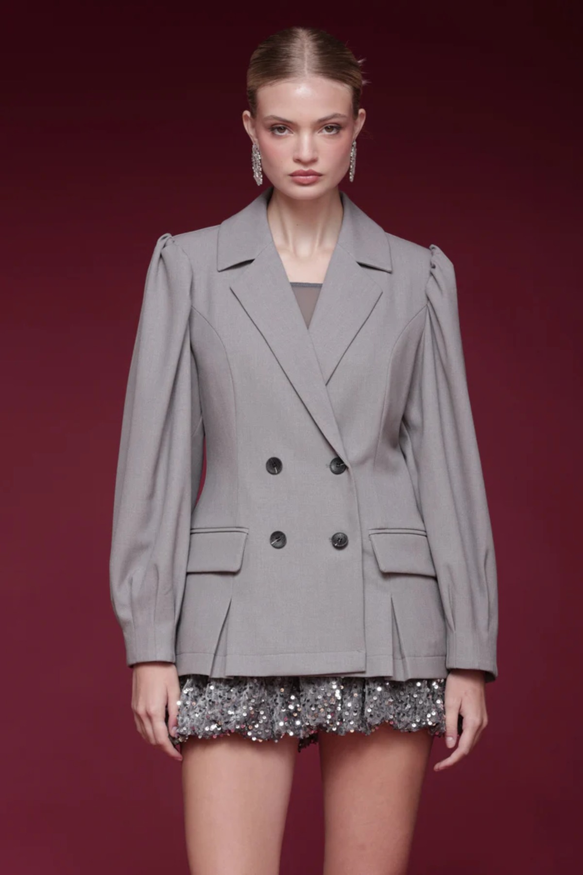 Puff Sleeve Double Breasted Notched Lapels Blazer
