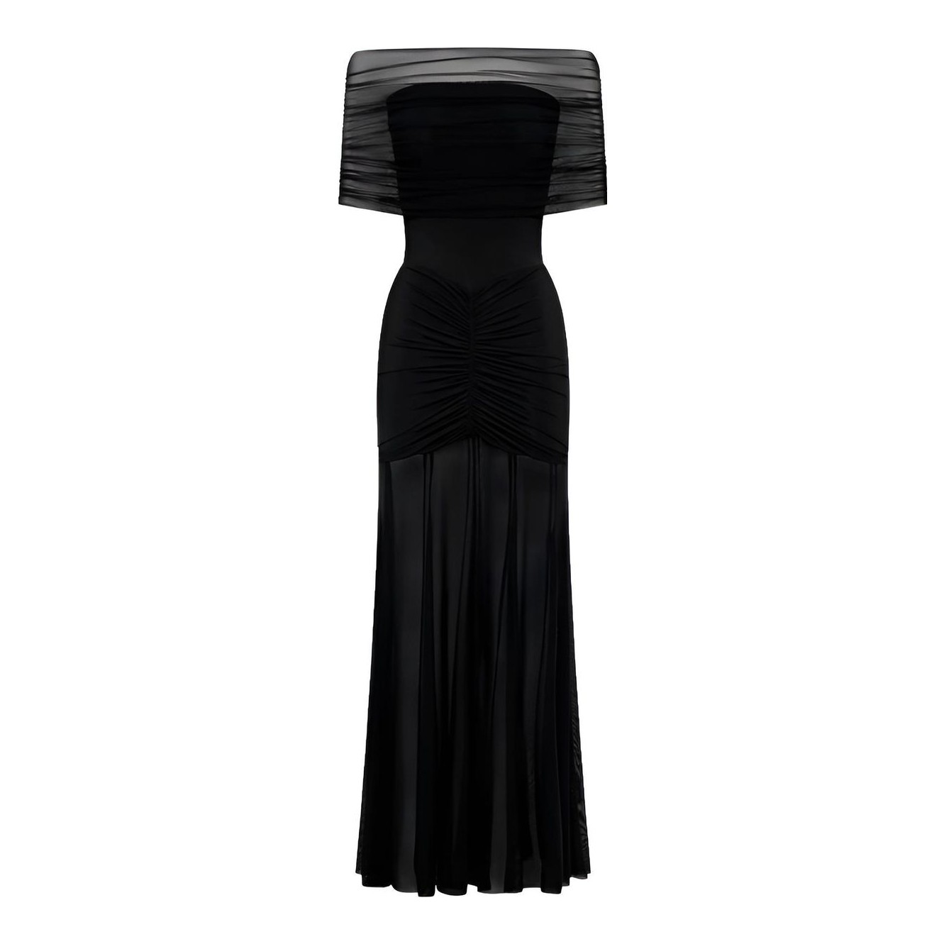 Caspian Slinky And Mesh Off Shoulder Maxi Dress