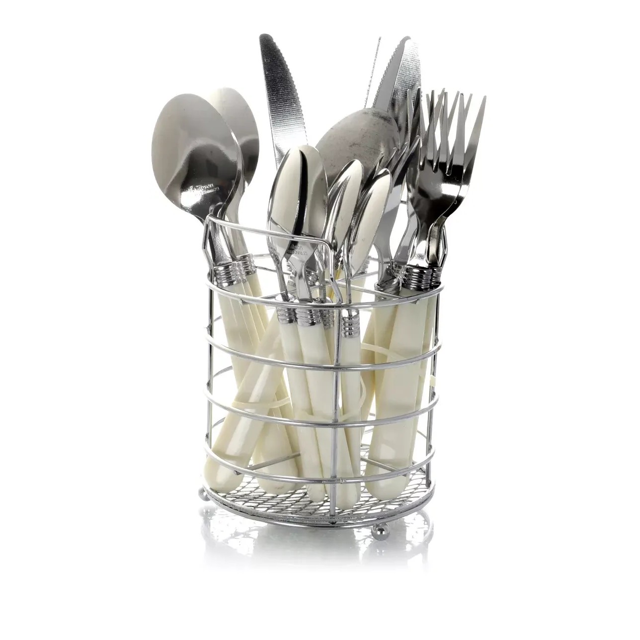 16 Piece Stainless Steel Flatware Set with Black Handles and Chrome Caddy