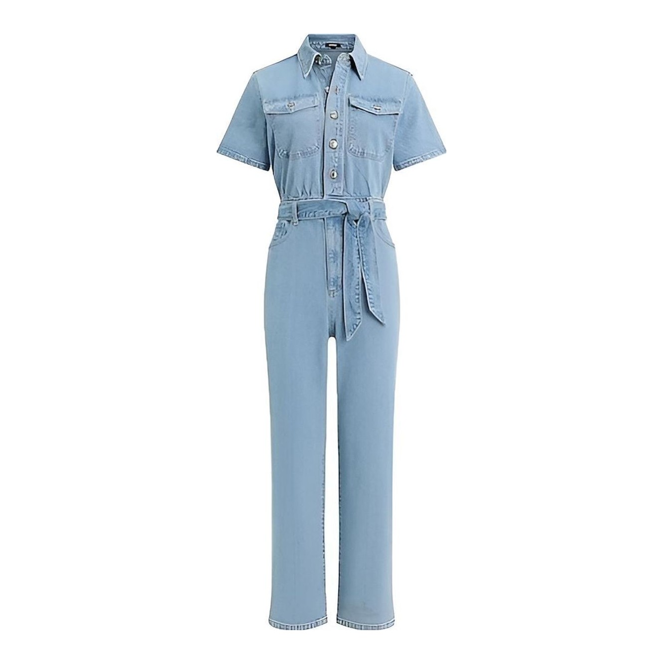 Express | Short Sleeve Straight Leg Belted Denim Jumpsuit