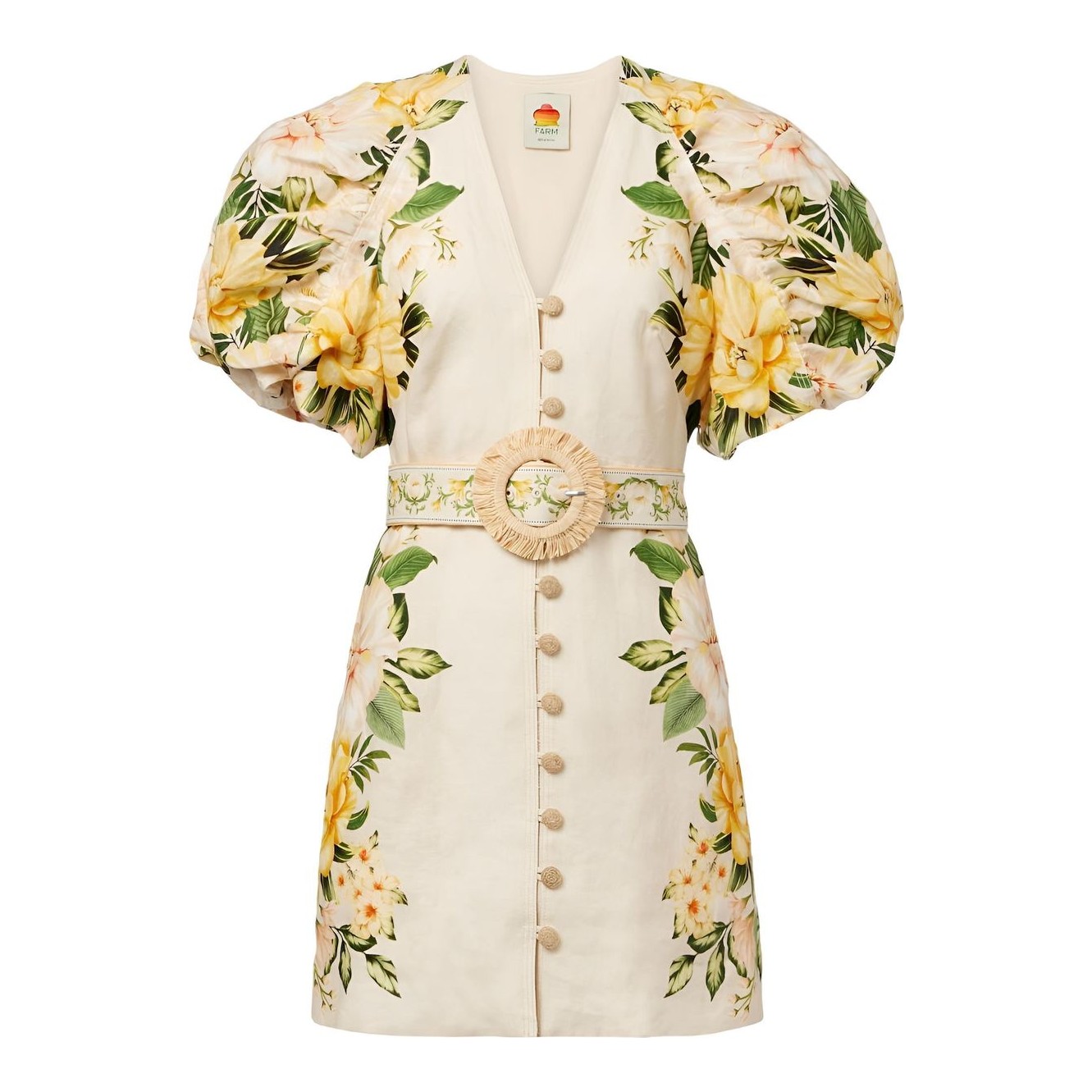 FARM Rio | Belted Printed Linen Halterneck Mini Dress