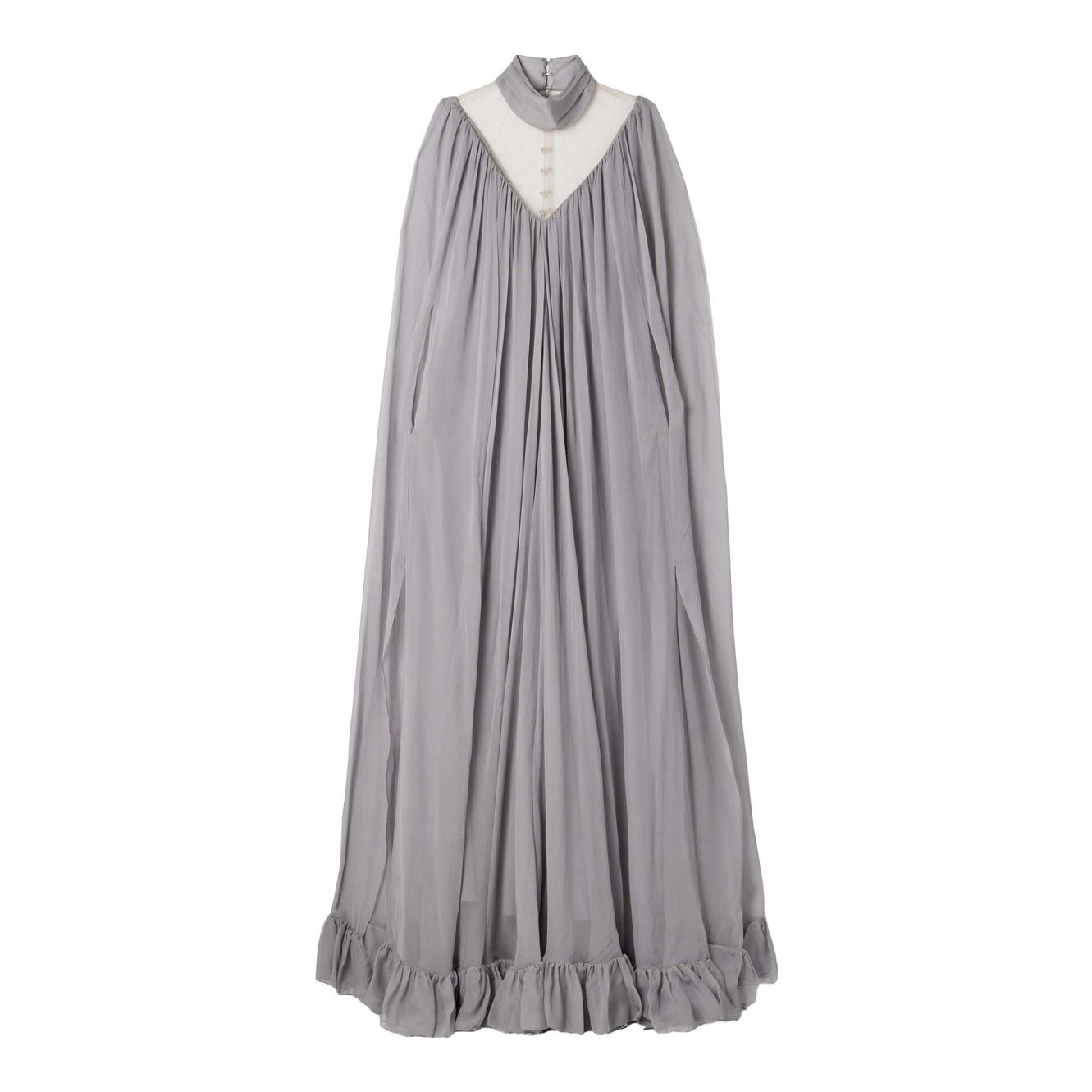 Cape-Effect Tulle-Paneled Ruffled Silk-Chiffon Gown