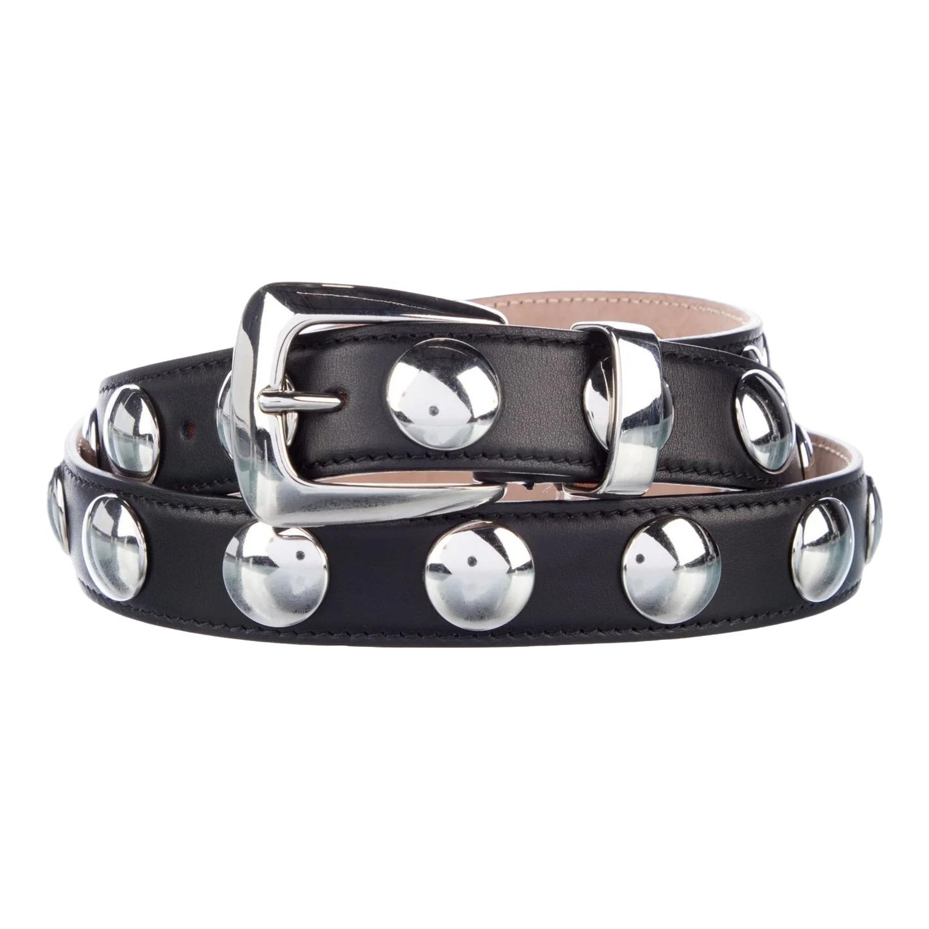 Alexander McQueen NEW Black Calf Leather Eyelet Studded Belt w Silver Hardware Alexander Mcqueen Twin Skull studded calfskin thin belt  main image 2