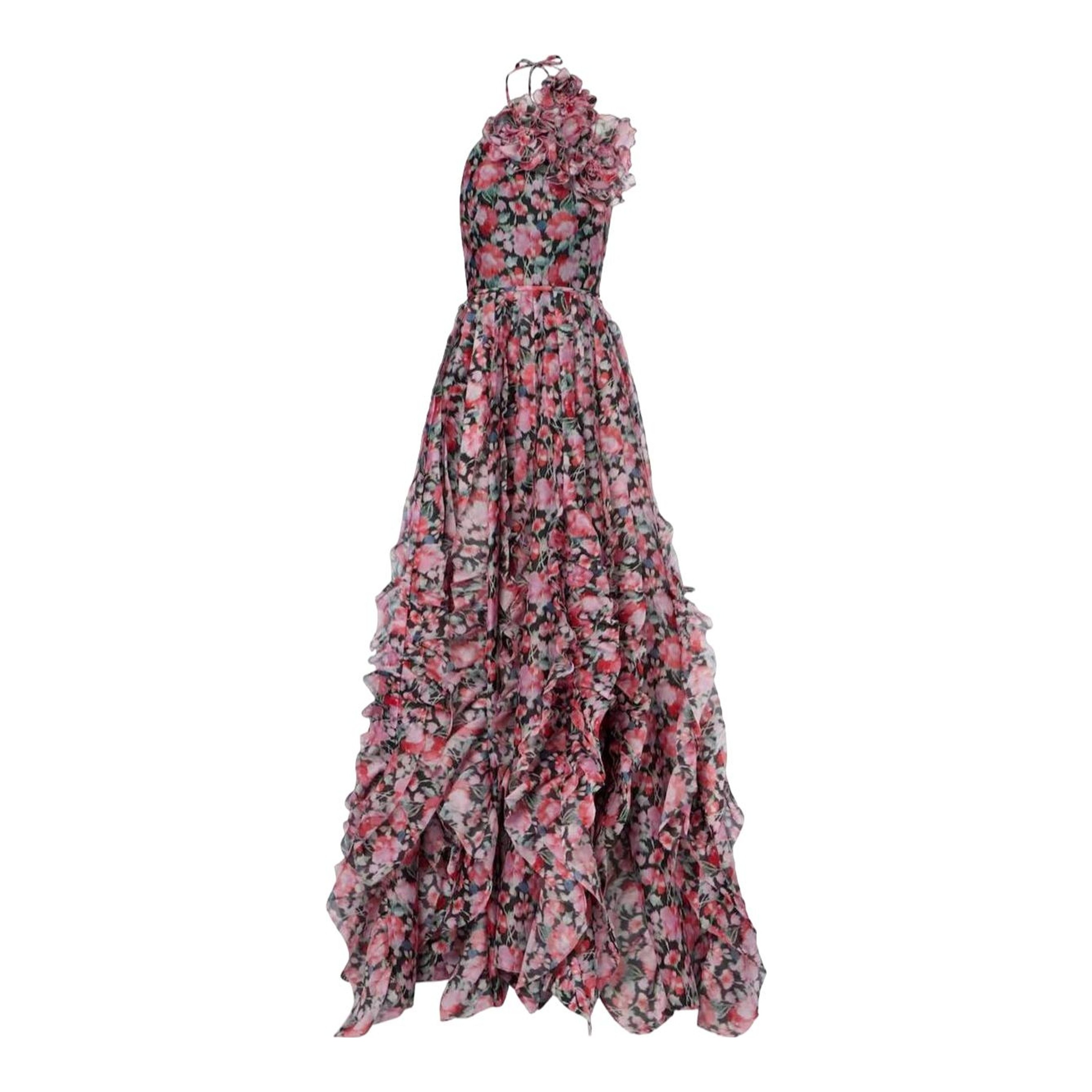 floral tulle halter neck woven maxi dress Pink Tulle Floral Ruffle Halter Maxi Dress Pink / 6