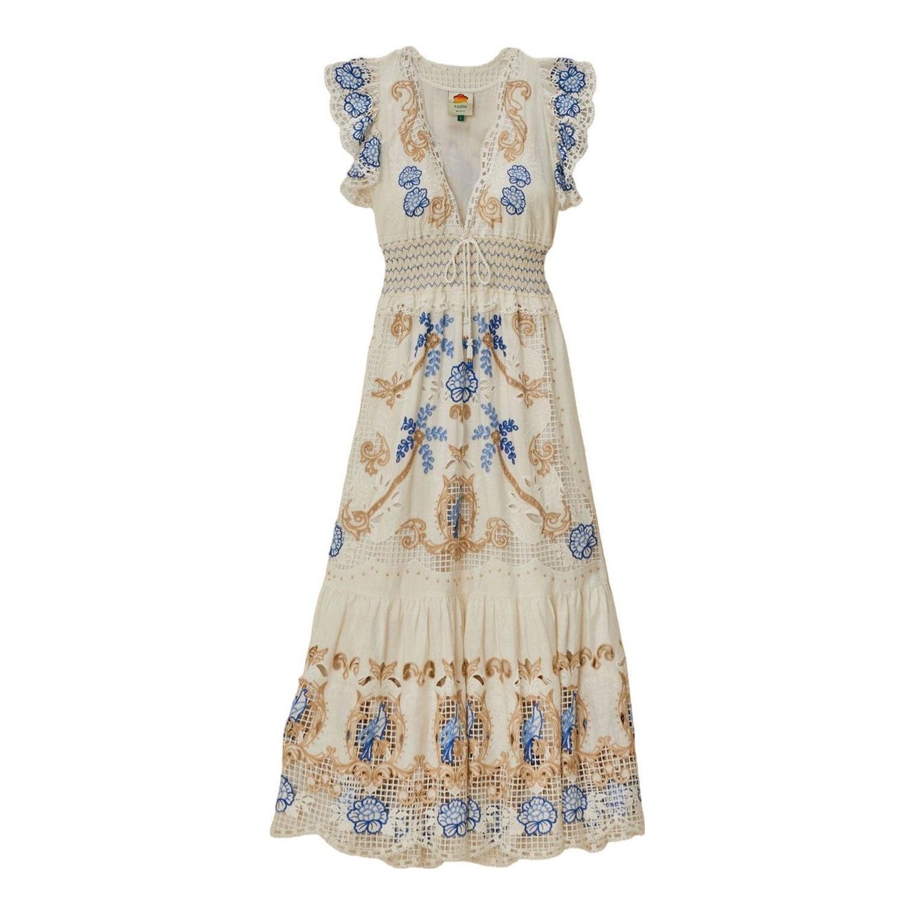 farm rio off-white cross stitch richelieu sunflower midi dress Off-White Richelieu Sunflower Midi Dress  FARM Rio