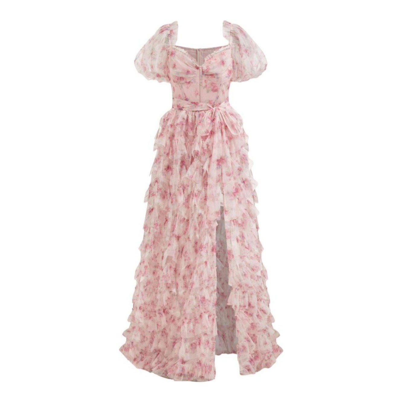 Cider | Mesh Square Neck Floral Lettuce Trim Lace Up Maxi Dress
