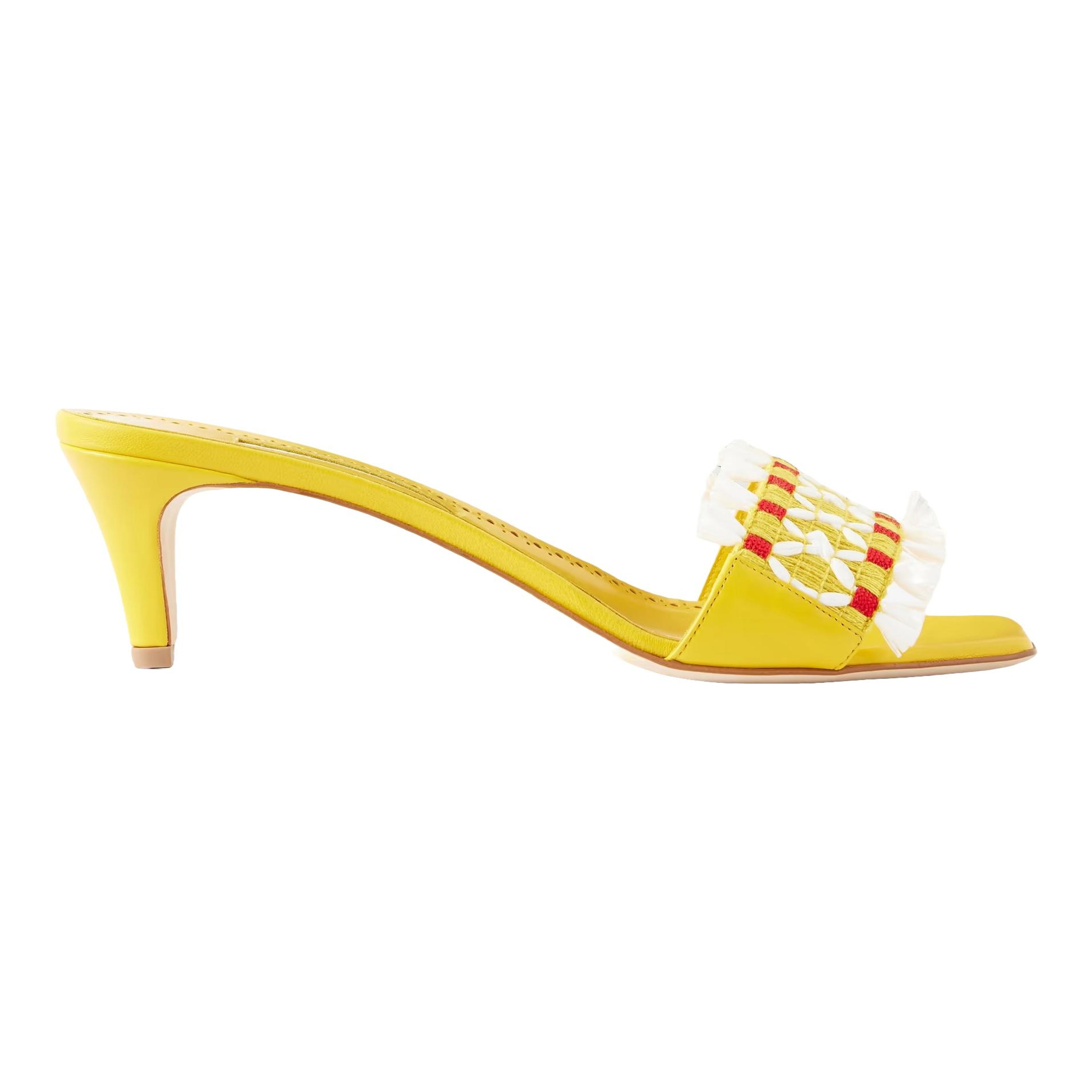 MANOLO BLAHNIK - Moremu 50 Raffia-Trimmed Leather Mules