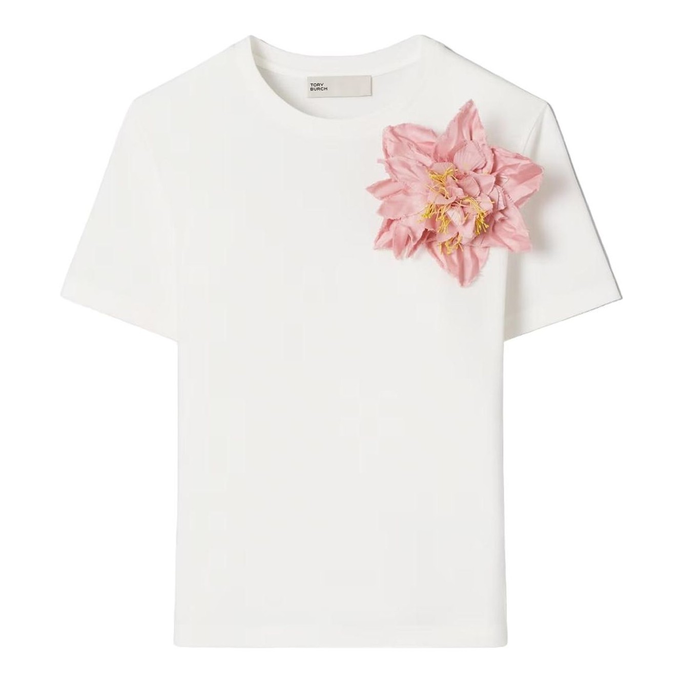TORY BURCH - Embellished Cotton T-Shirt with A Removable Floral Pin