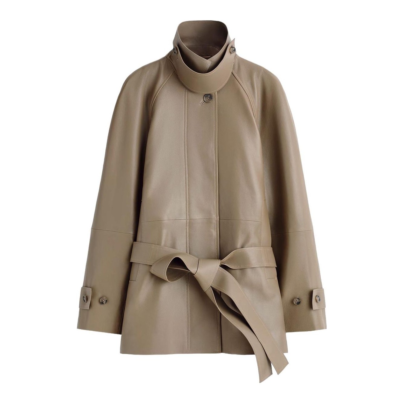 Funnel-Neck Leather Short Trench Jacket