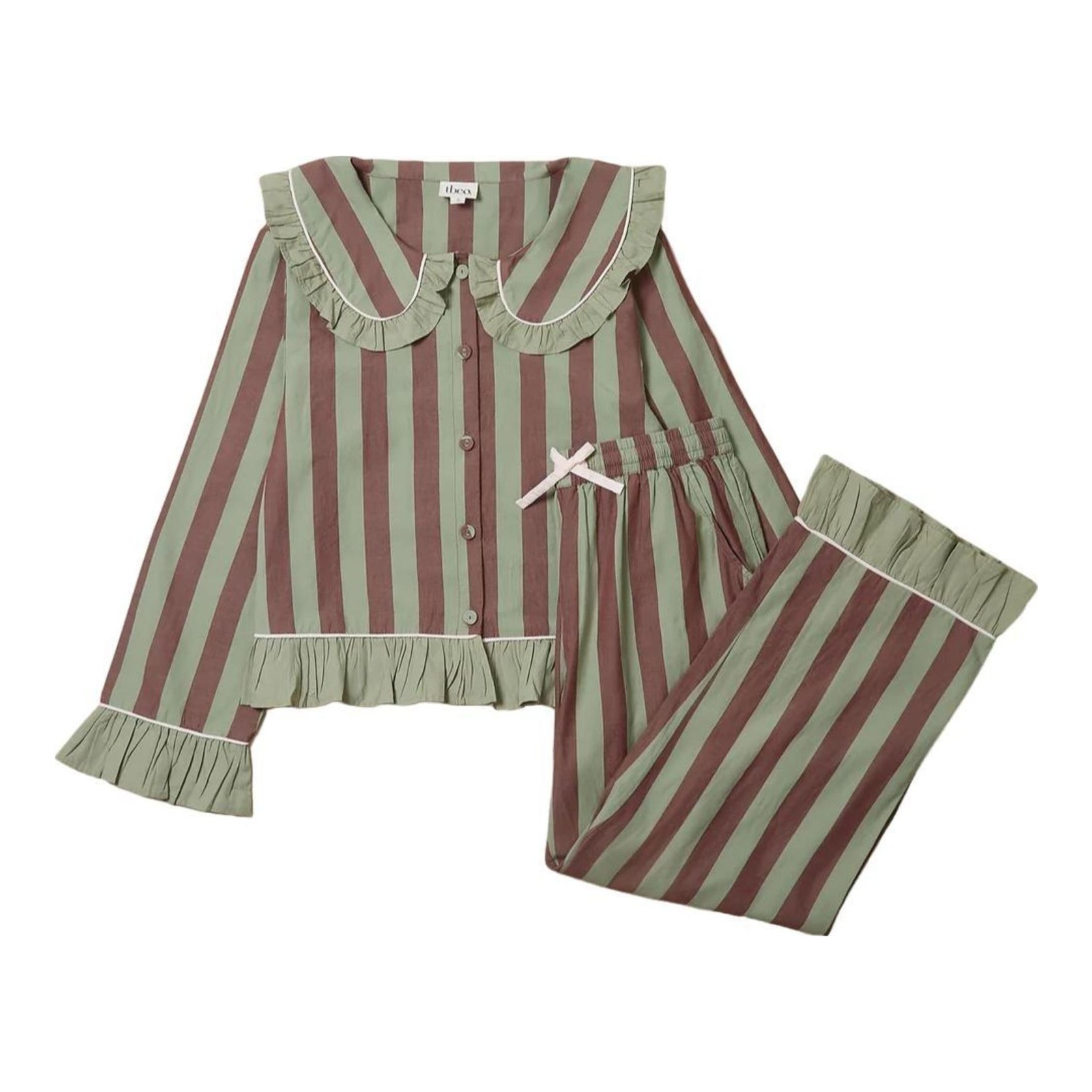Cropped Cotton Pajamas In Sage & Brown Stripe