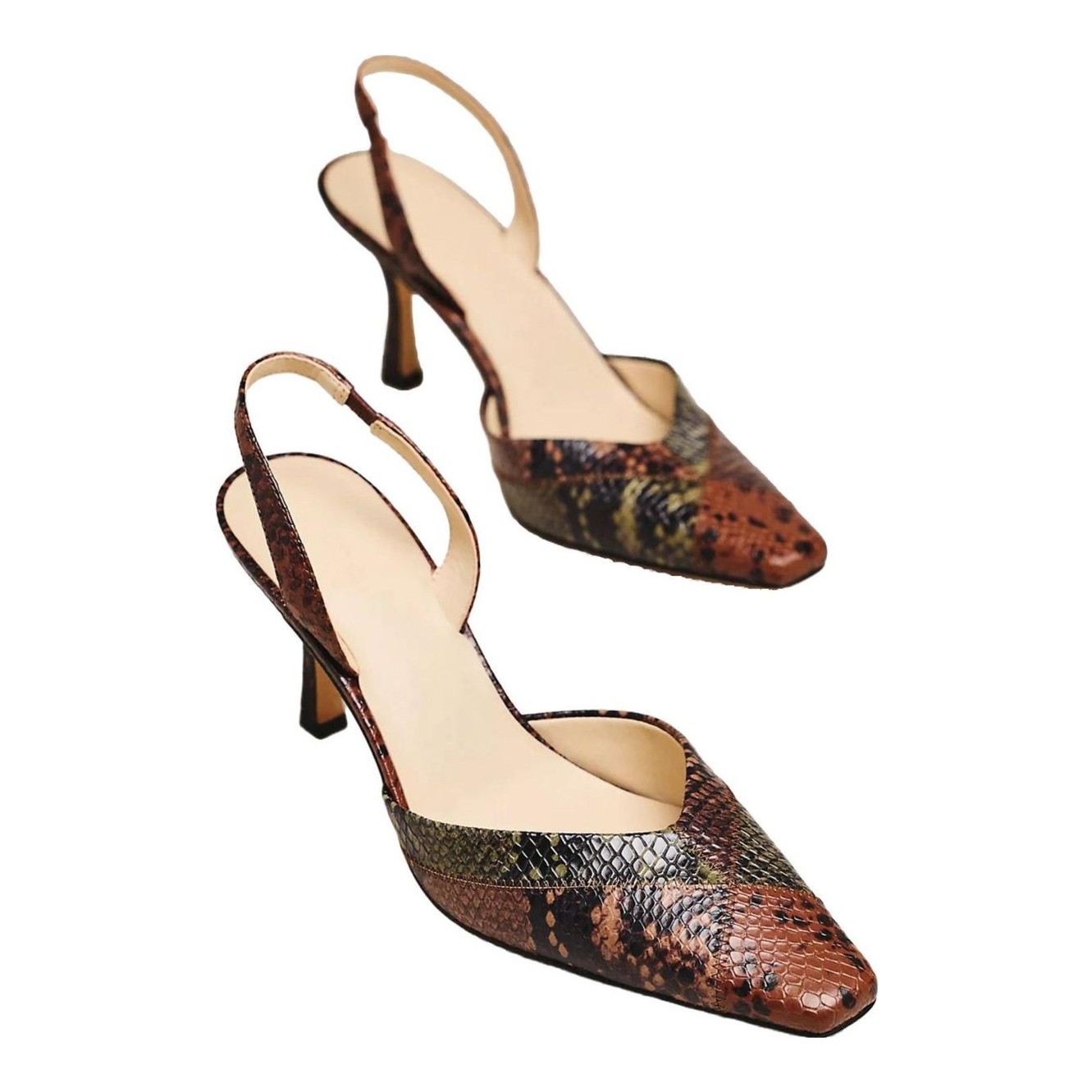 Square-Toe Slingback Leather Heels